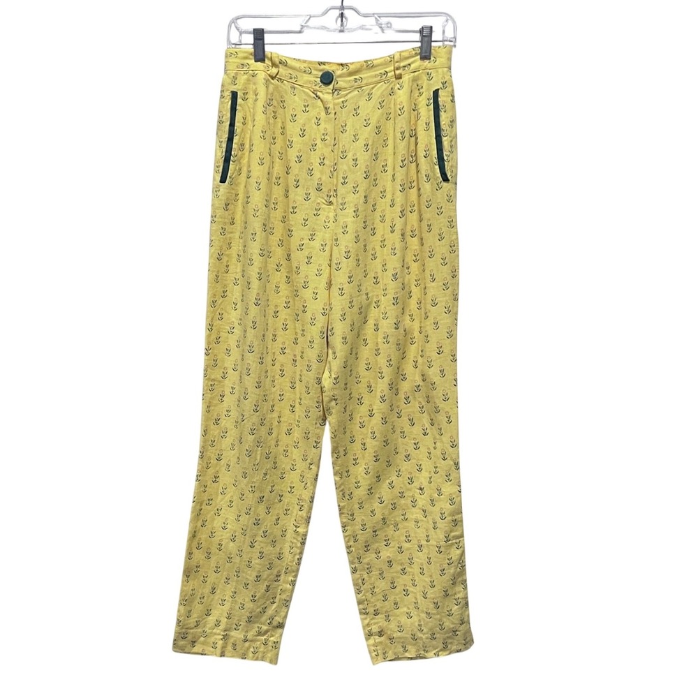 Vintage Style Yellow Linen Sunflower print Floral High Waisted Pants Size Small‎